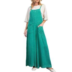 Easel Women's 100% Cotton Gauze Mineral Wash Jumpsuit, Size S, In Atlantis Green